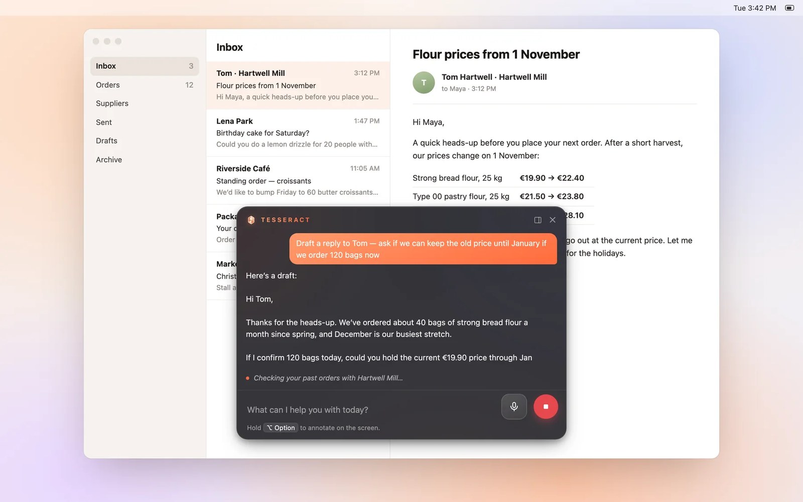 The Tesseract quick prompt open over a mail app, drafting a reply to the email on screen.