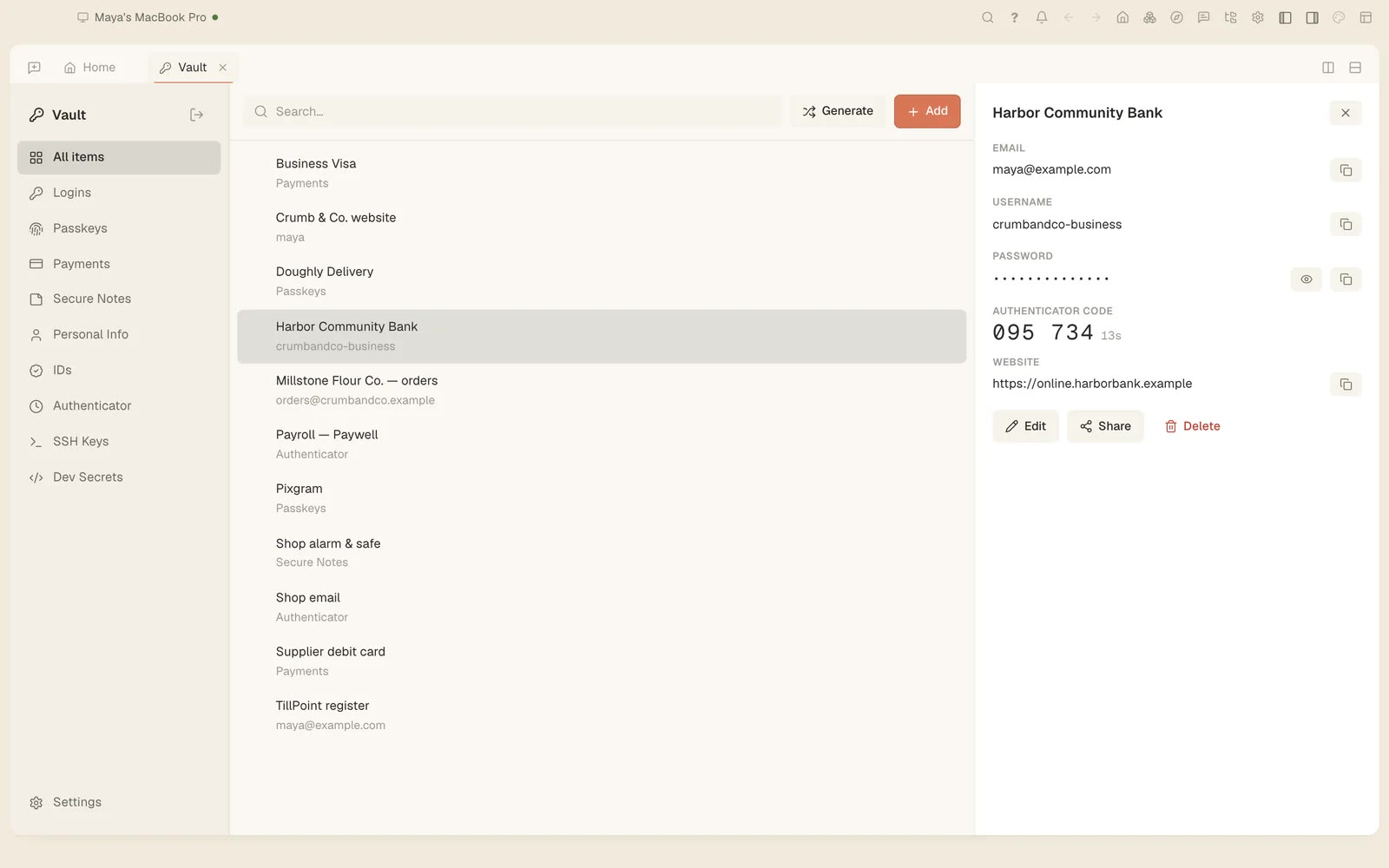 Tesseract's Vault with logins, passkeys and an authenticator code for an example bank account, the password hidden