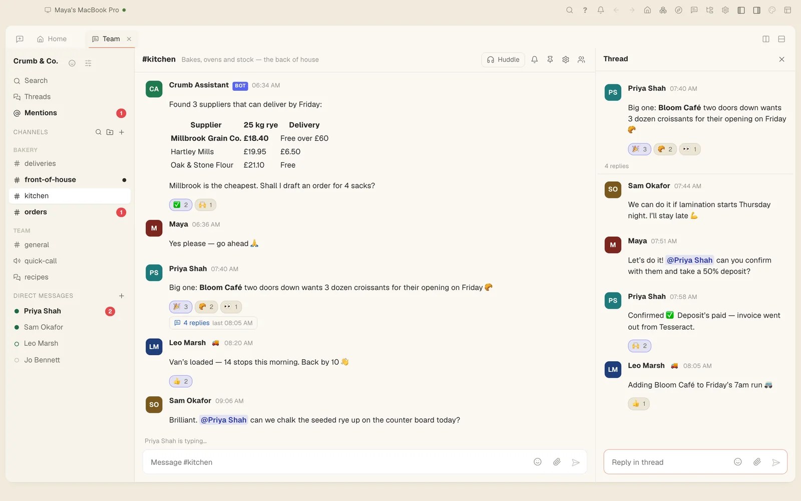 Team chat in Tesseract's Team tab, showing a bakery's kitchen channel with a bot posting a table of flour suppliers, and a thread open on the right.