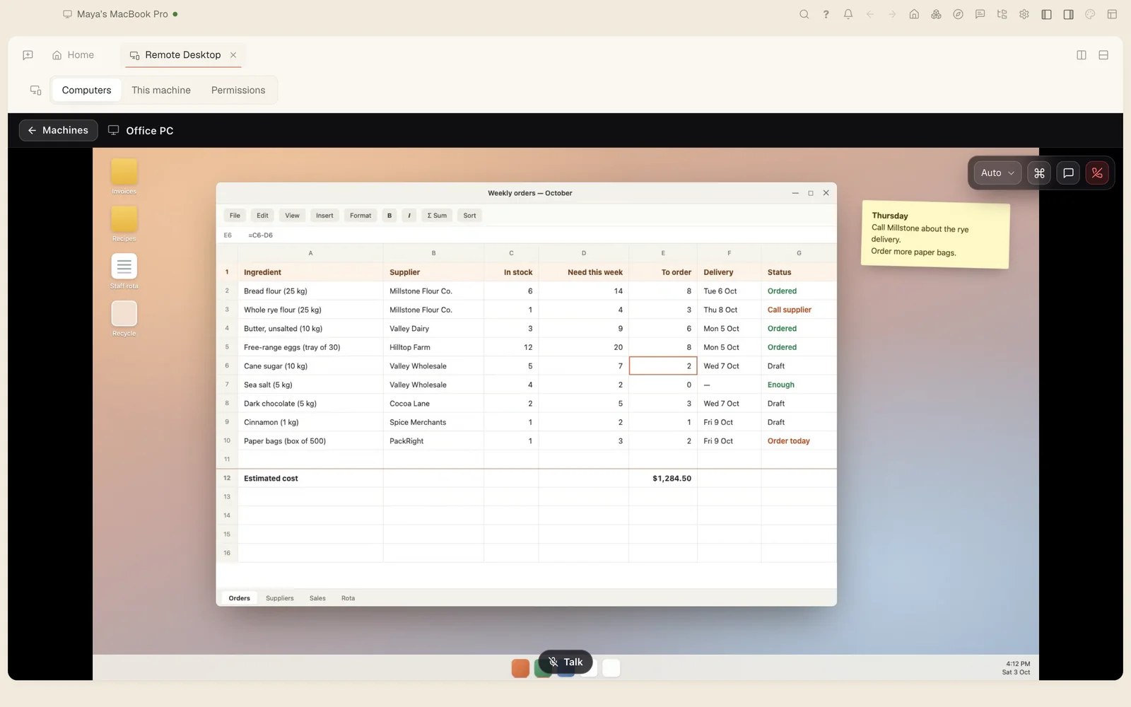 A remote desktop session in Tesseract on the Office PC, showing its weekly orders spreadsheet.
