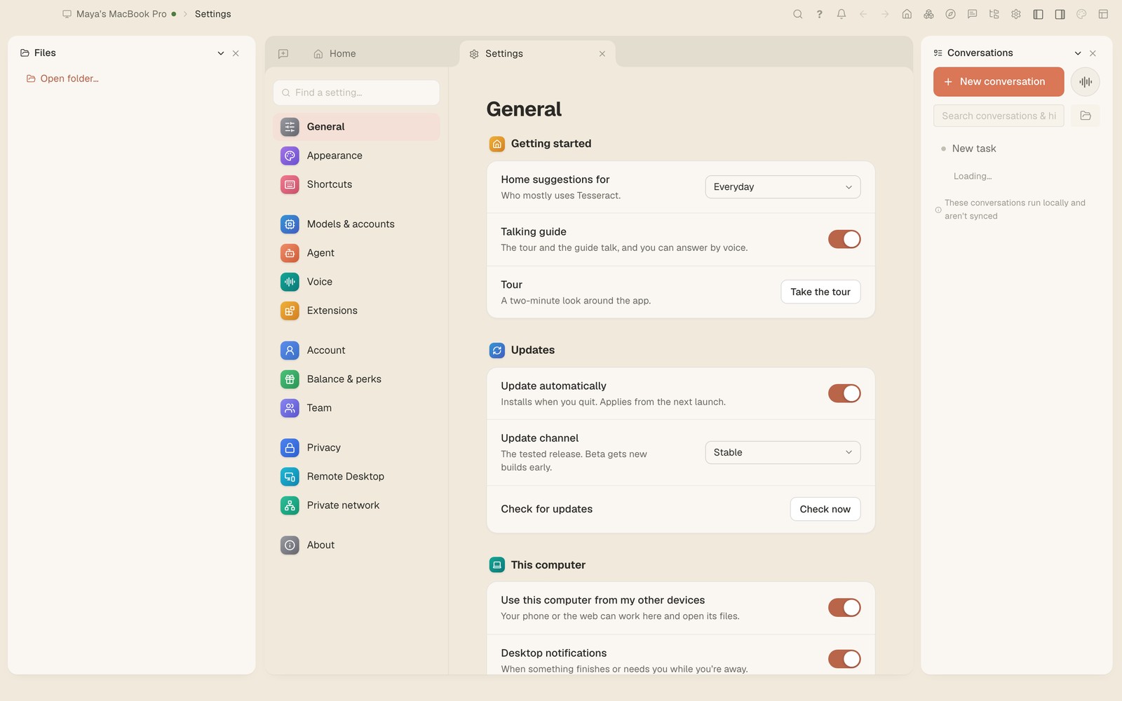 Settings → General, its options grouped in titled cards: Getting started, Updates and This computer