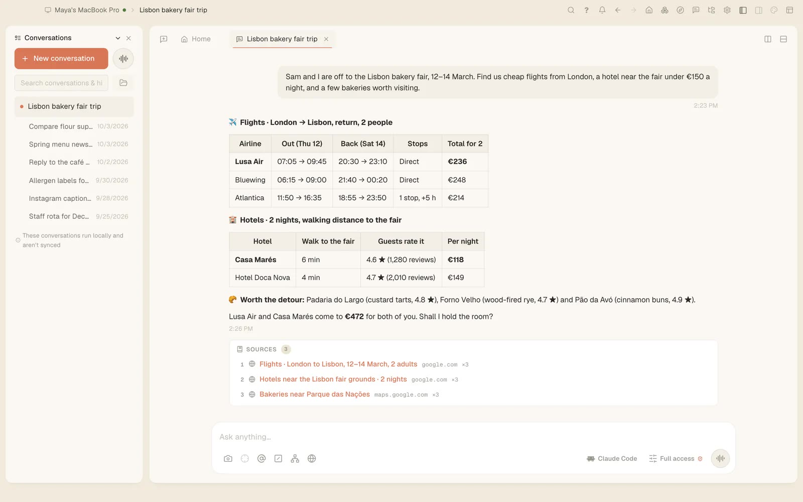 A Tesseract conversation with flight and hotel options for a trip to Lisbon, with sources