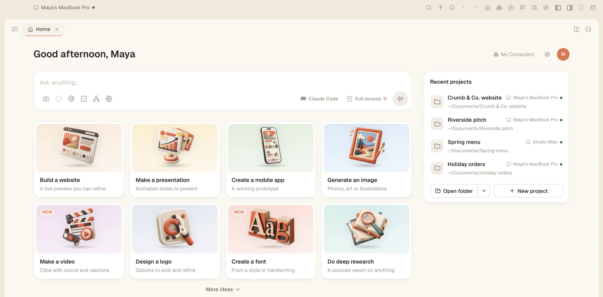 The Tesseract window on Home, with the Ask anything box, ideas to start from and the Recent projects list