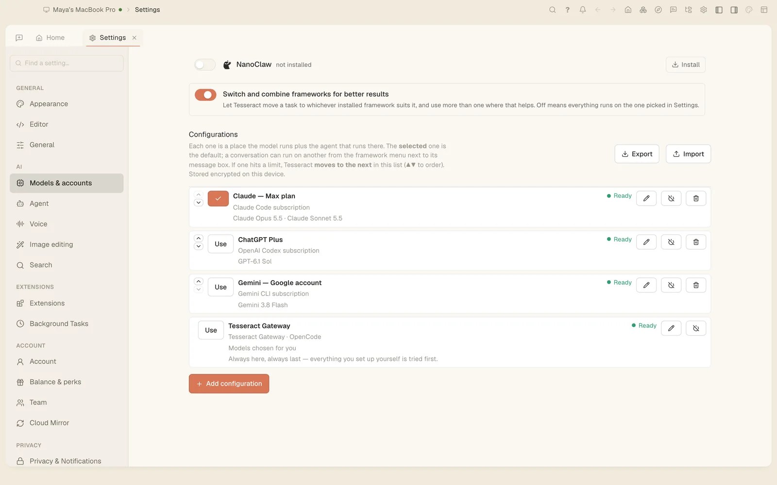 Settings → Models & accounts, listing configurations for a Claude plan, ChatGPT Plus, a Google account and the Tesseract Gateway.