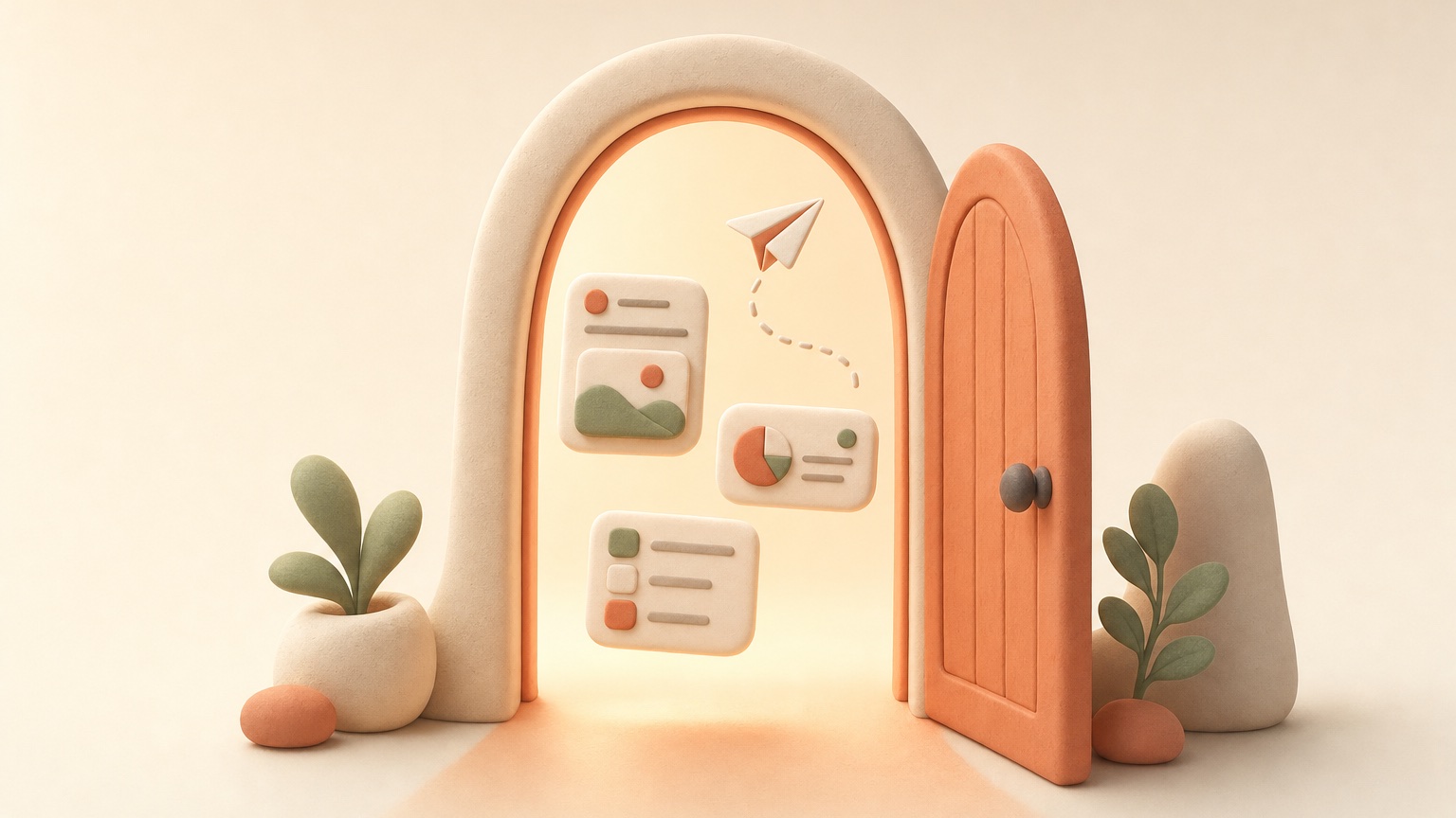 A clay arched doorway standing open, warm light spilling out, with app windows and a paper plane floating through it.