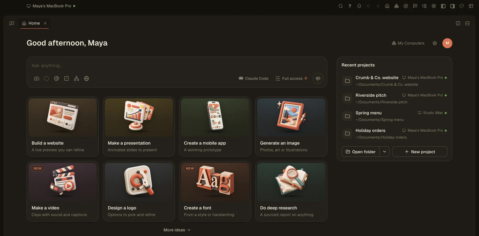 Tesseract's Home screen in dark mode