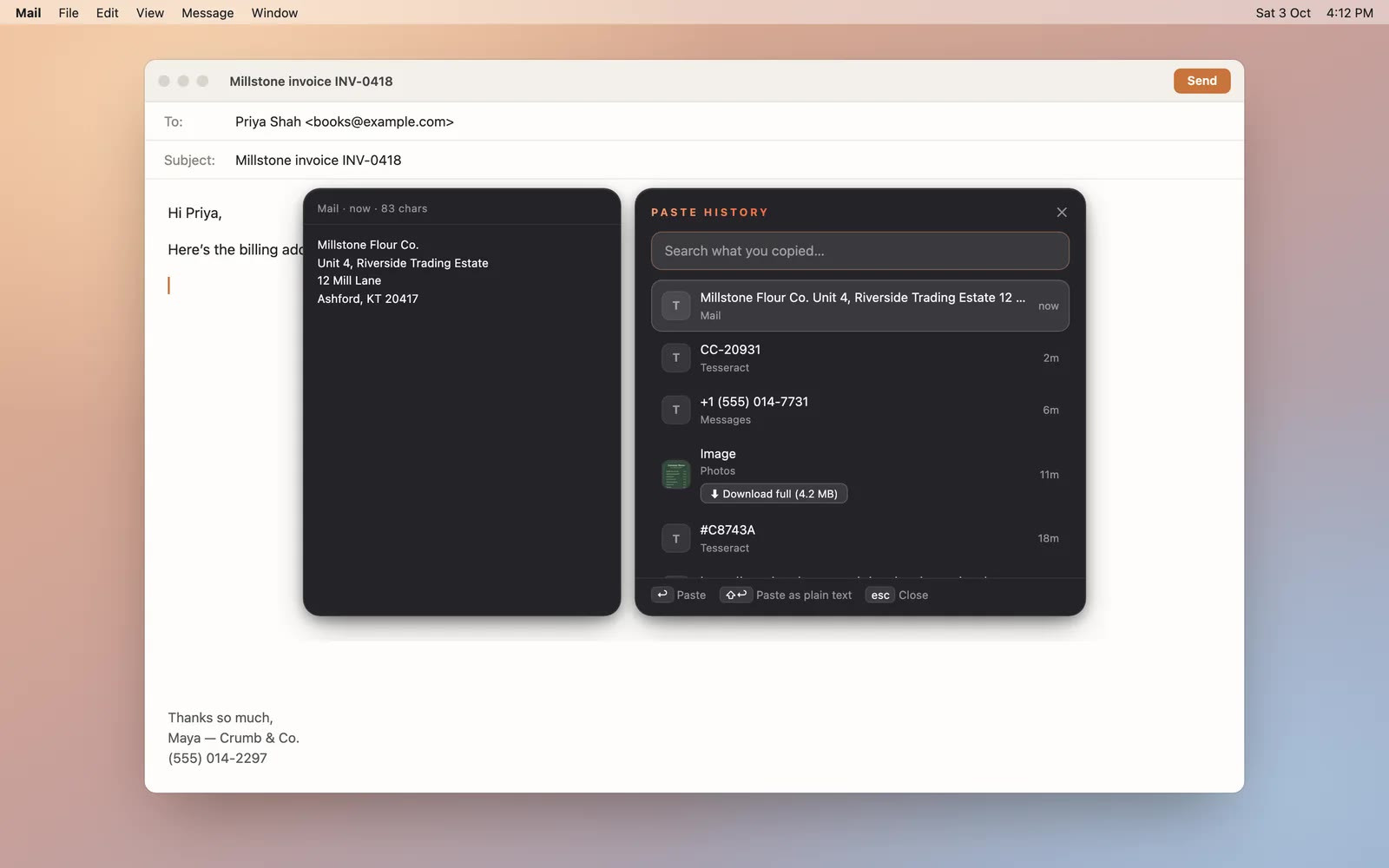 Tesseract's Paste history open over an email, listing an address copied in Mail, a code, a phone number and an image