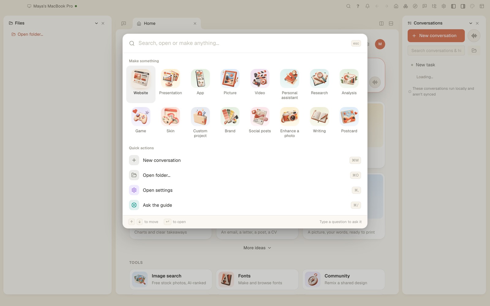 The ⌘P menu open over Home: the makers as pictures (Website, Presentation, App, Picture, Video and more) and quick actions with their shortcuts