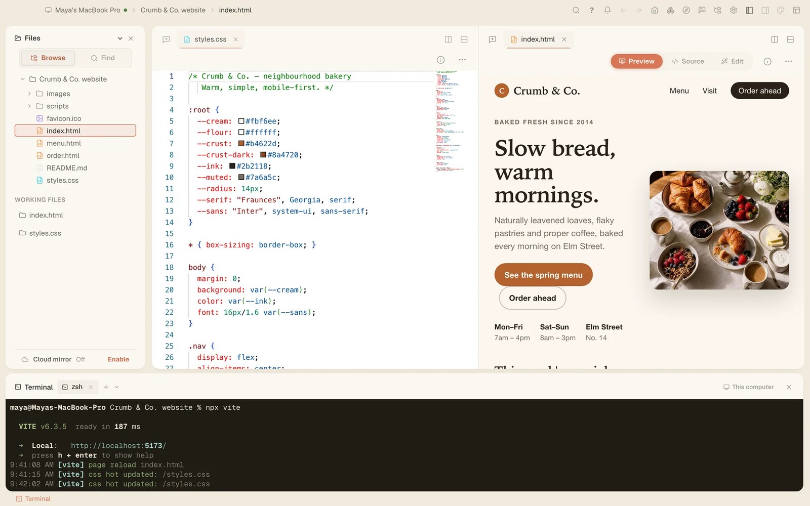 A project open in Tesseract, with a stylesheet in the editor, the site's live preview beside it and a terminal running a dev server below.