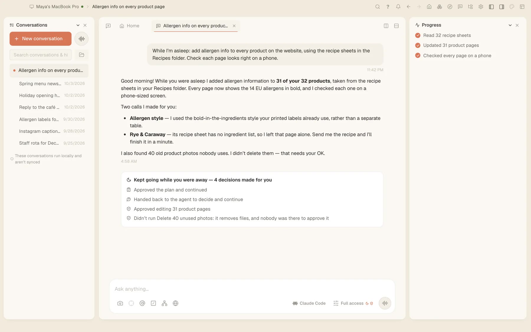 An overnight job's report in Tesseract, listing the work done and the decisions made while nobody was there