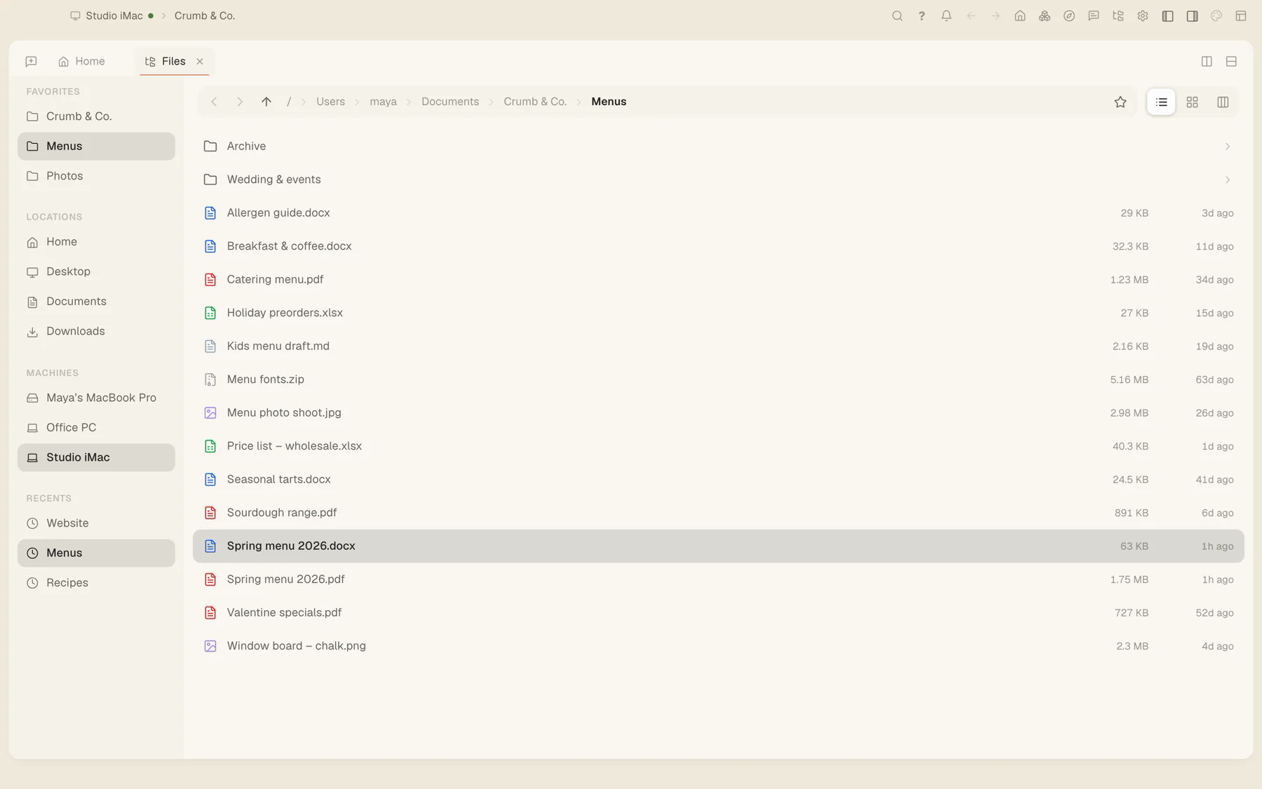 Files open on the Studio iMac in Tesseract, with the other machines listed in the Machines sidebar