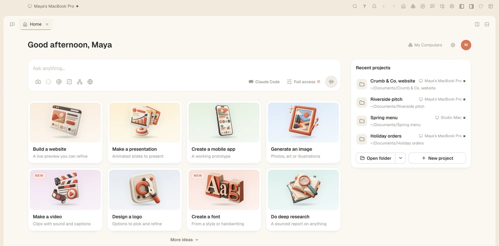 Tesseract's Home screen with an Ask anything box, starter cards for a website, a presentation, a mobile app, an image, a video, a logo, a font and deep research, and recent projects on the right.