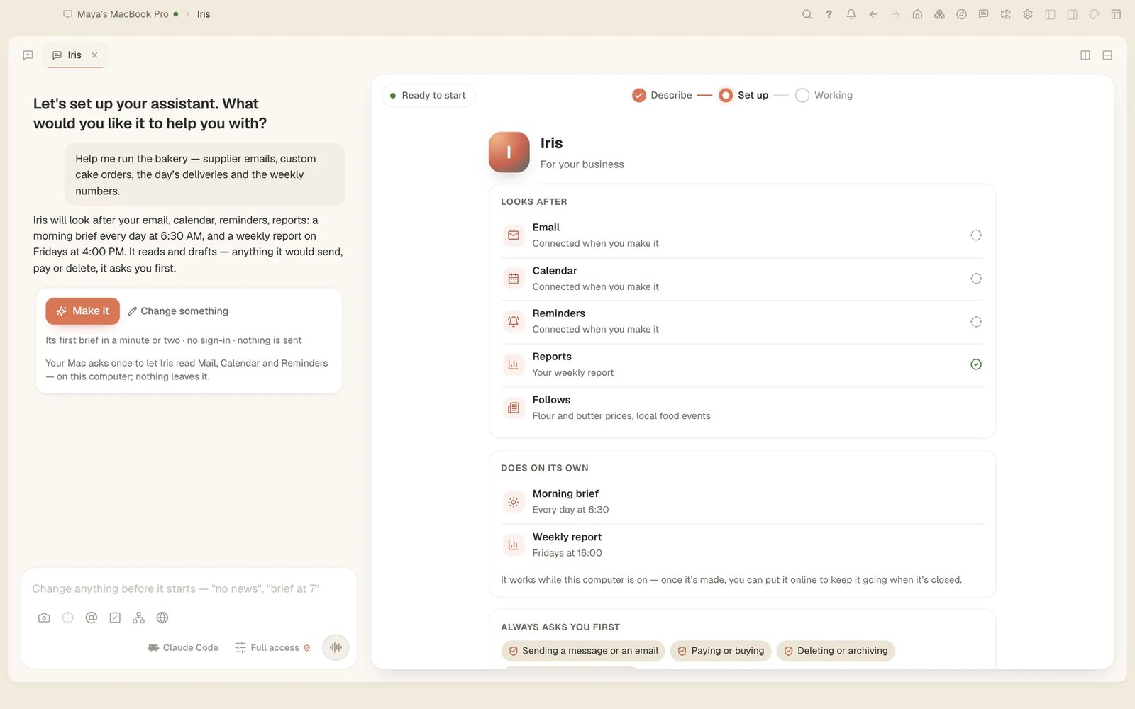 The personal-assistant maker setting up an assistant for a bakery, listing what it looks after, what it does on its own and what it always asks first.