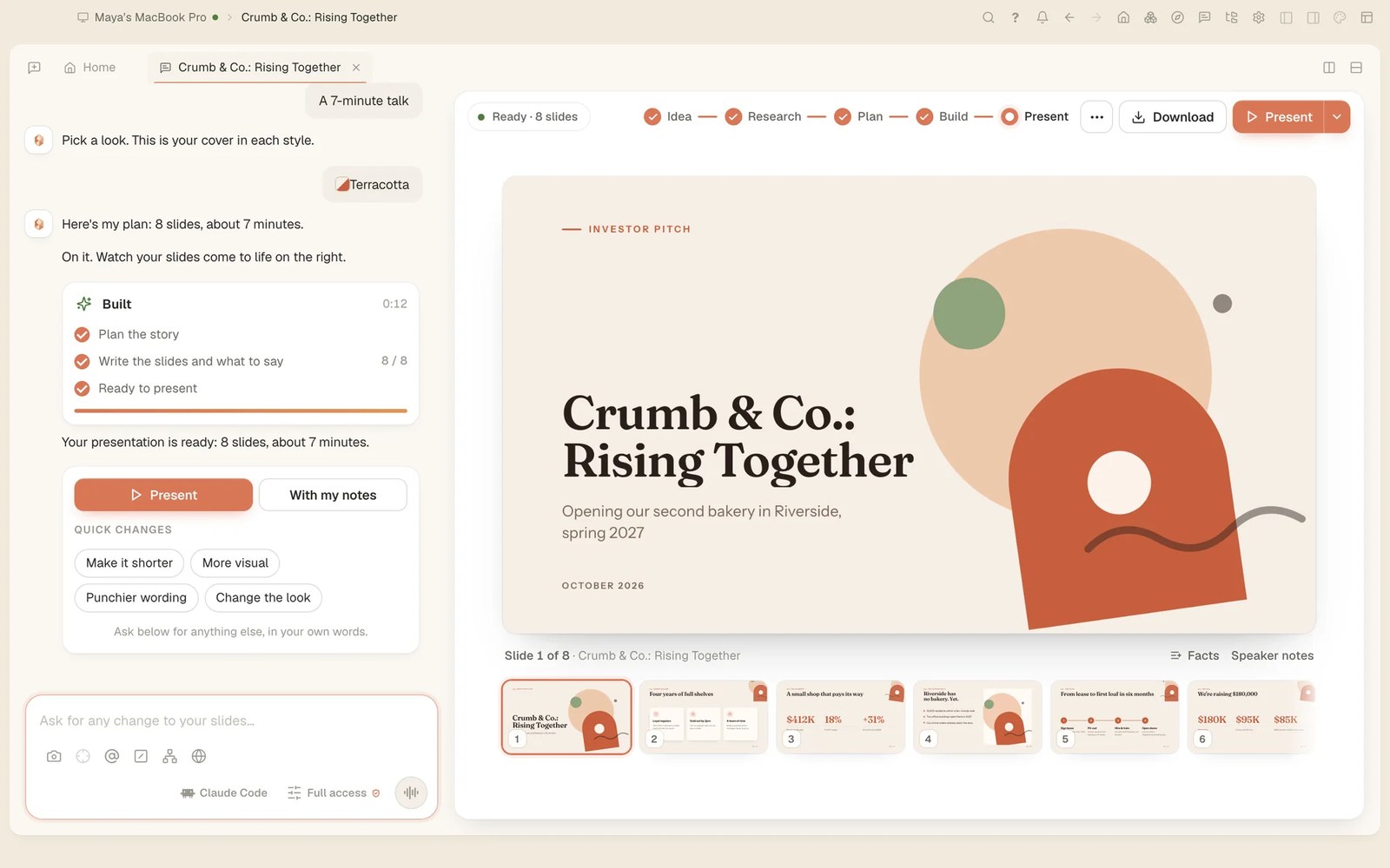 A finished eight-slide bakery pitch beside the conversation that made it, with the steps Idea, Research, Plan, Build and Present across the top and Facts and Speaker notes under the open slide.
